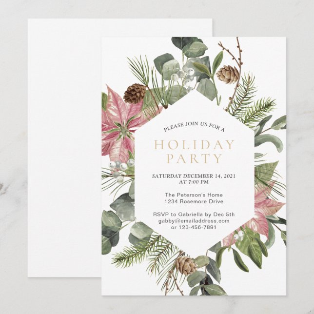 Invitation Watercolor Noël Wreath Gold Fête (Devant / Derrière)