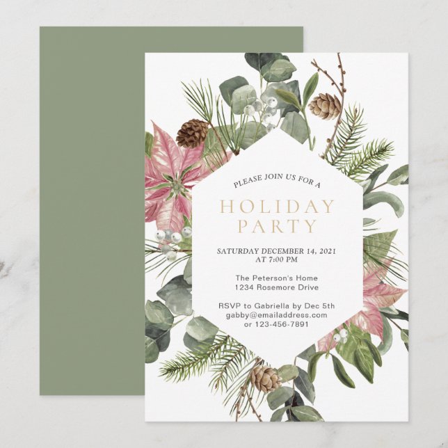 Invitation Watercolor Noël Wreath Gold Fête (Devant / Derrière)