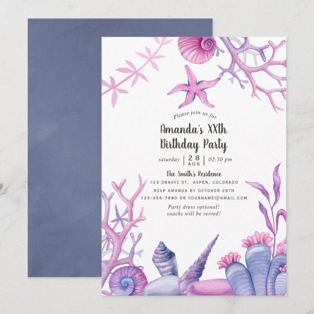 Invitation Watercolor Ocean Life fête d'anniversaire (Devant / Derrière)