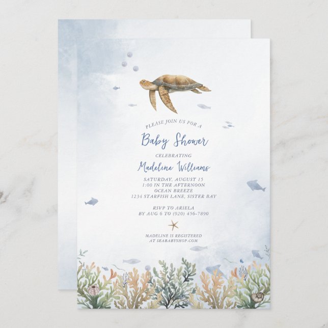 Invitation Watercolor Ocean Sea Turtle Baby shower (Devant / Derrière)