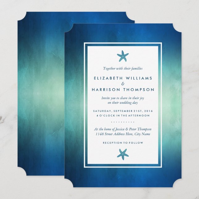 Invitation Watercolor Ocean Starfish Beach Wedding (Devant / Derrière)