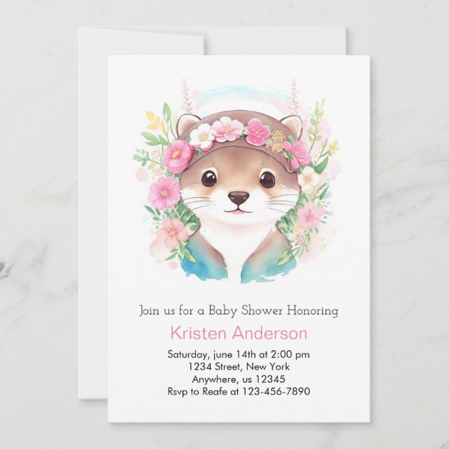 Invitation Watercolor Otter's Joy Girl Baby shower (Devant)