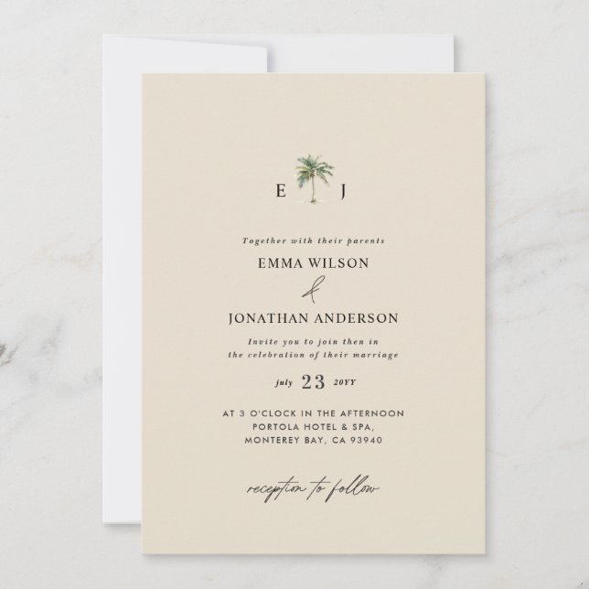 Invitation Watercolor Palm Tree Destination coastal Wedding  (Devant)
