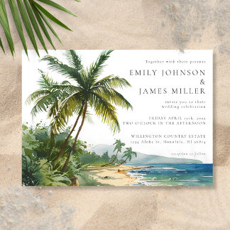 Invitation Watercolor Palm Trees Tropical Beach Wedding