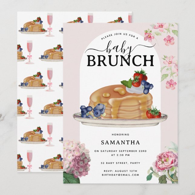 Invitation Watercolor Pancakes Berries Brunch Baby Shower (Devant / Derrière)