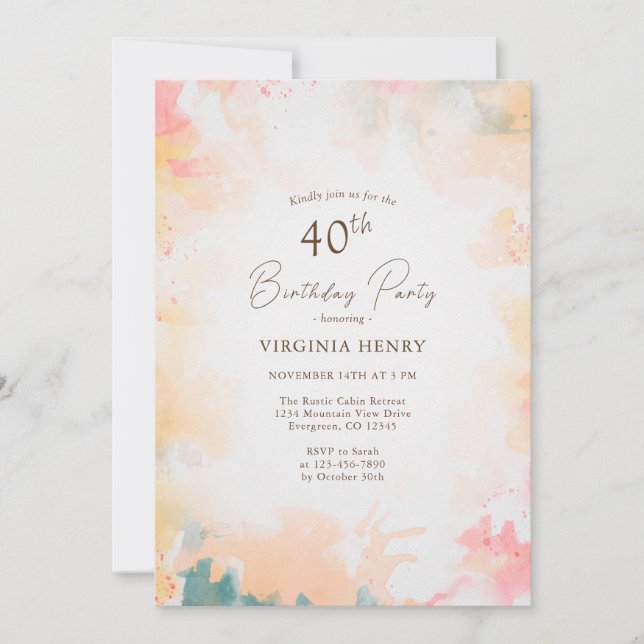 Invitation Watercolor Pastel Gold 40e fête d'anniversaire (Devant)