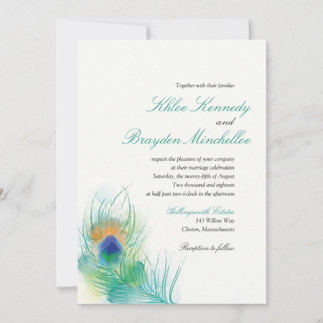 Invitation Watercolor Peacock Feather Wedding (Devant)