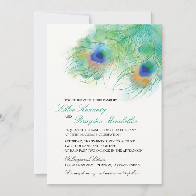 Invitation Watercolor Peacock Feather Wedding (Devant)