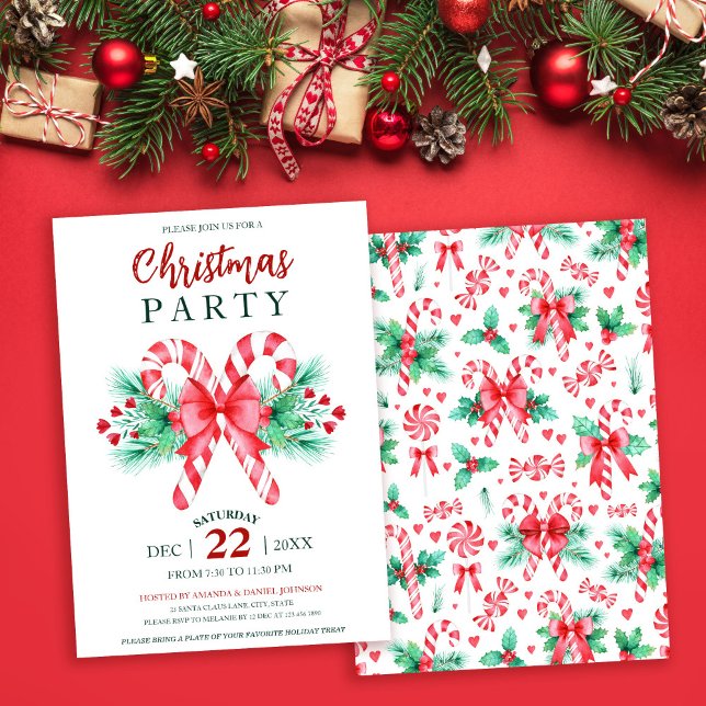 Invitation Watercolor Peppermenthe Sucre de canne Noël (Watercolor Peppermint Candy Cane Christmas Party Invitation)