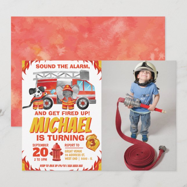 Invitation Watercolor Photo Fire Truck fête d'anniversaire (Devant / Derrière)