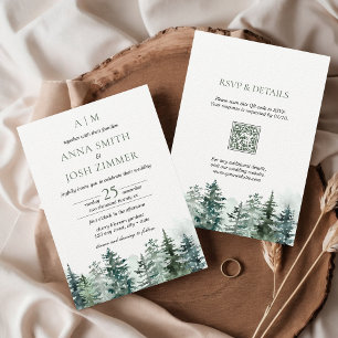 Invitation Watercolor Pine Tree Forest Rustic QR code Mariage