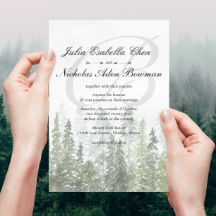 Invitation Watercolor Pine Woods Forest Monogramme Mariage
