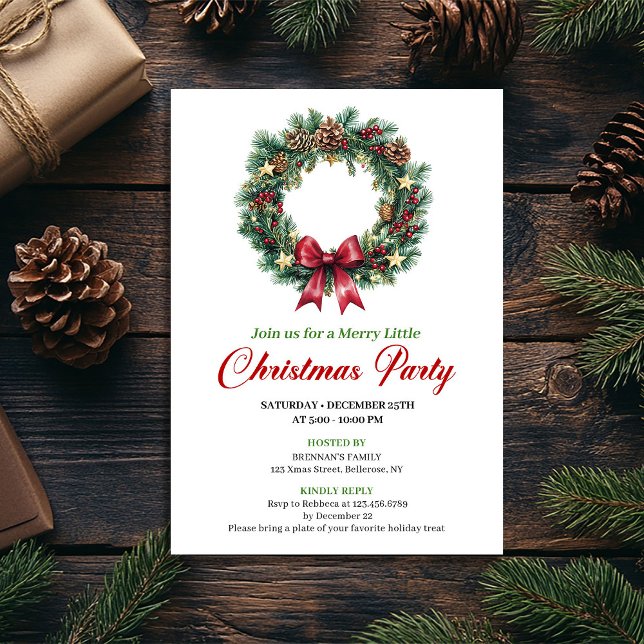 Invitation Watercolor Pine Wreath Christmas Party Card (Watercolor Pine Wreath Christmas Party Card)