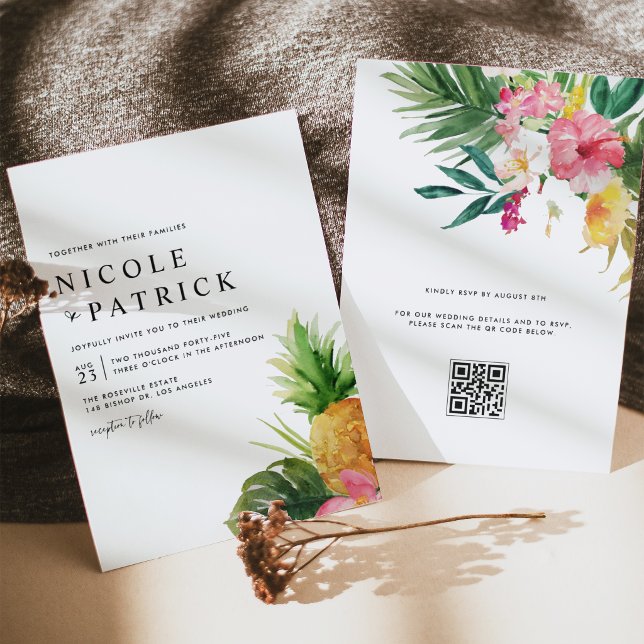 Invitation Watercolor Pineapple Tropical QR Code Wedding (Customizable QR code wedding invitation featuring watercolor pineapple, tropical greenery & flower.)