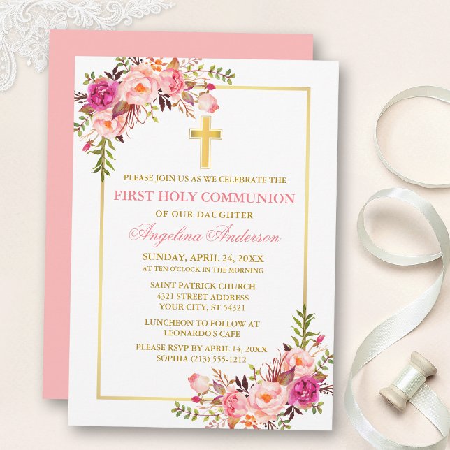 Invitation Watercolor Pink Blush Floral Communion Gold (Customize to change text color, size, style or to change color of back of card.)