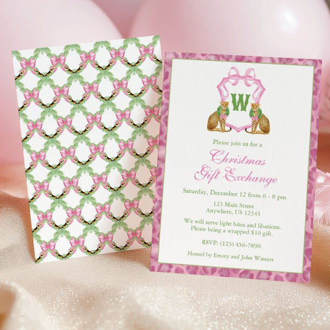 Invitation Watercolor Pink Leopard Monogram Crest Party (Créateur téléchargé)