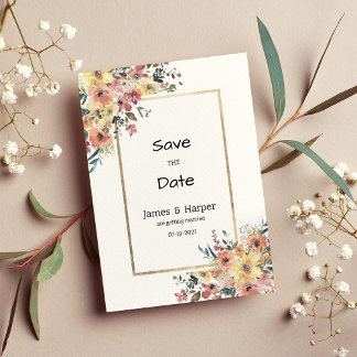 Invitation Watercolor pink orange gold floral Save the Date
