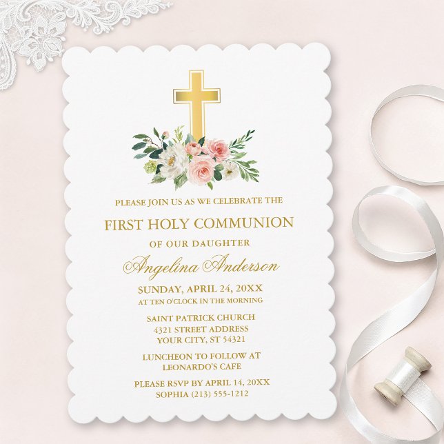 Invitation Watercolor Pink White Floral Gold Cross Communion (Customize to change text size, text style or color.)