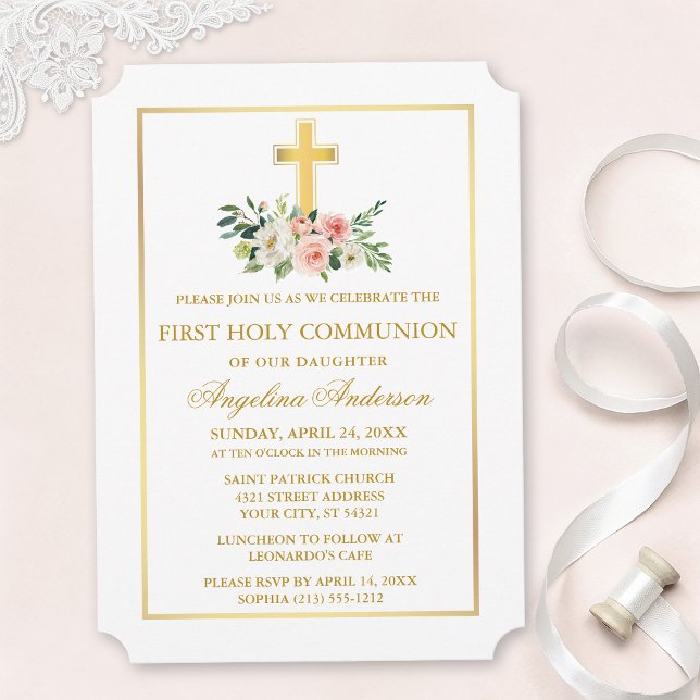 Invitation Watercolor Pink White Floral Gold Frame Communion (Customize to change text size, text style or color.)