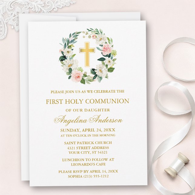 Invitation Watercolor Pink White Floral Wreath Gold Communion (Customize to change text size, text style or color.)