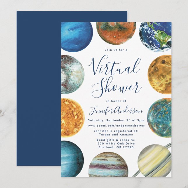 Invitation Watercolor Planètes Baby shower virtuel (Devant / Derrière)