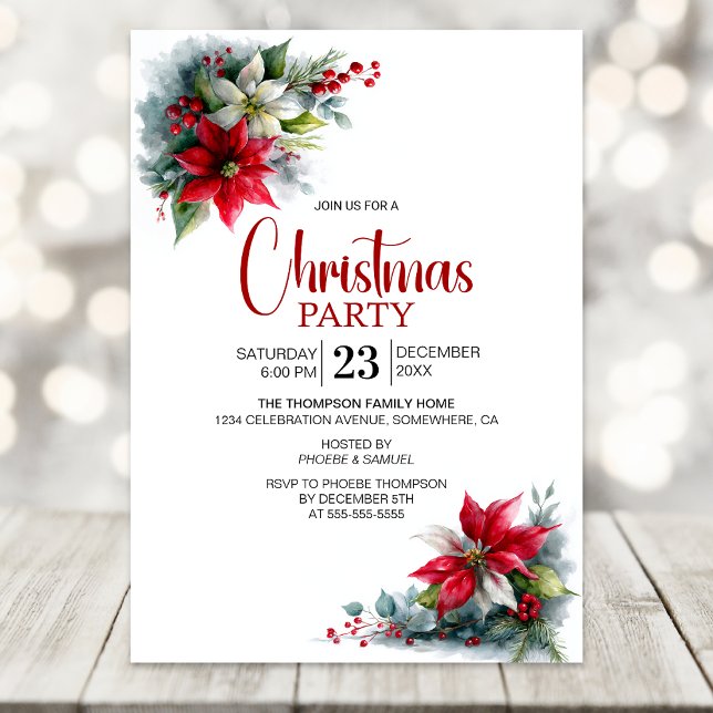 Invitation Watercolor Poinsettia Christmas Party (Créateur téléchargé)