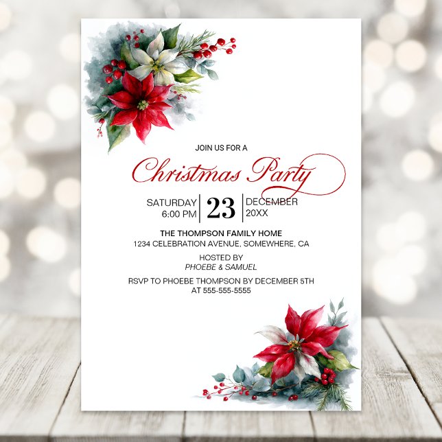 Invitation Watercolor Poinsettia Christmas Party (Créateur téléchargé)
