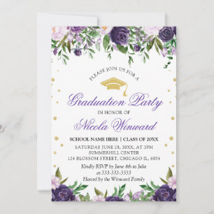 Invitation Watercolor Purple Fleurs Fille Graduation Party 