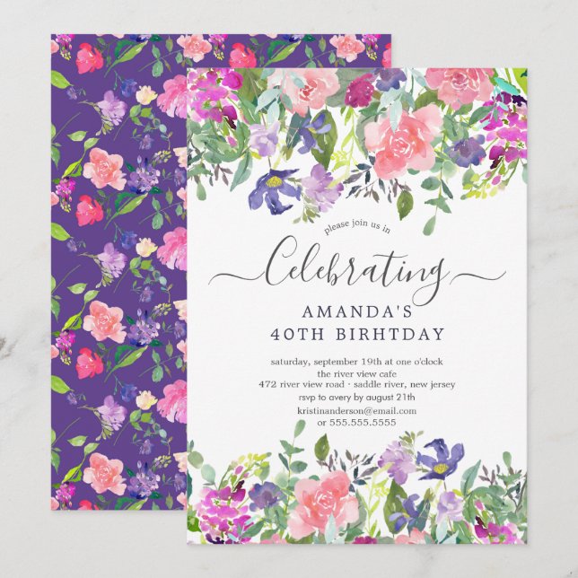 Invitation Watercolor Purple Floral fête d'anniversaire (Devant / Derrière)