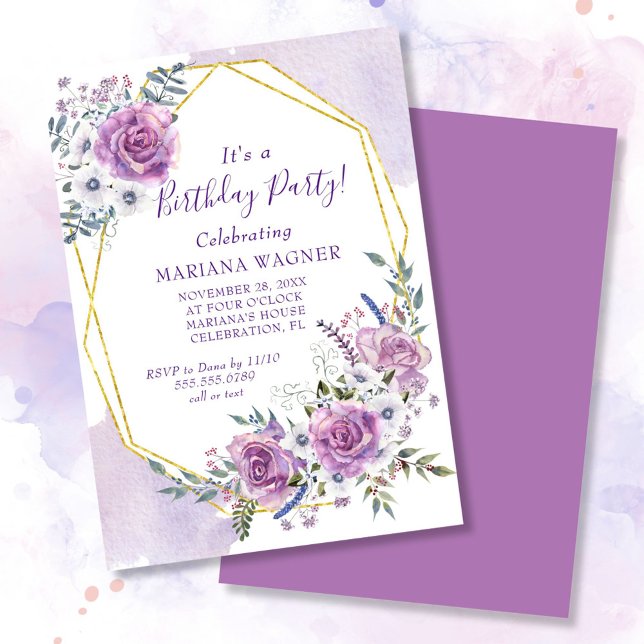 Invitation Watercolor Purple Floral fête d'anniversaire (Créateur téléchargé)