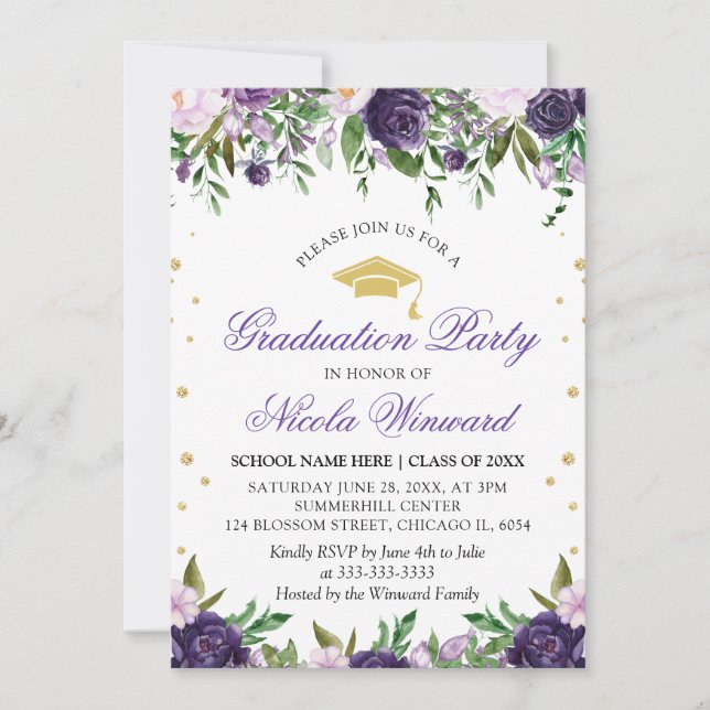 Invitation Watercolor Purple Flowers Girl Graduation Party (Devant)