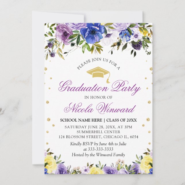 Invitation Watercolor Purple Flowers Girl Graduation Party (Devant)