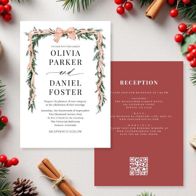 Invitation Watercolor QR Code Red Bow Christmas Greenery (Créateur téléchargé)