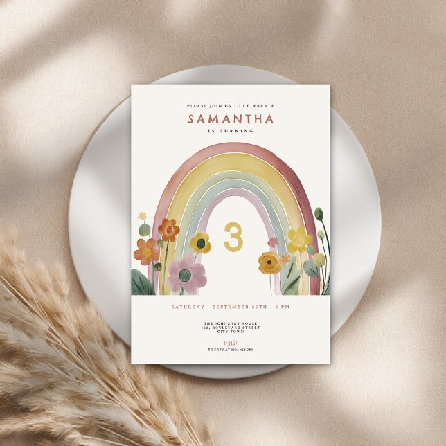 Invitation Watercolor Rainbow Flowers 3rd Birthday Party (Créateur téléchargé)