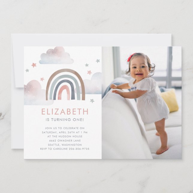 Invitation Watercolor Rainbow Girl Premier anniversaire fête (Devant)