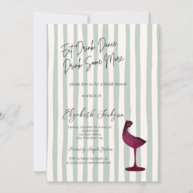 Invitation Watercolor Red Wine Glass Green Striped  (Devant)