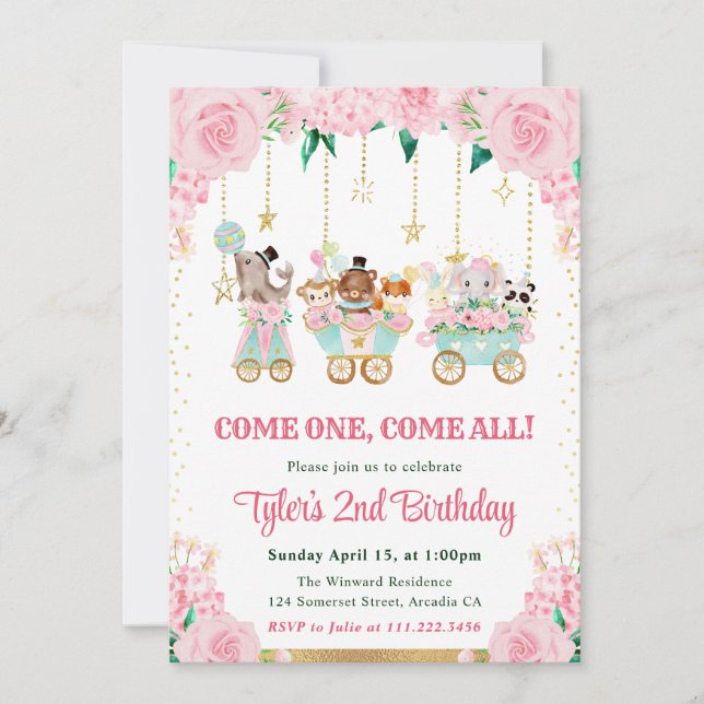 Invitation Watercolor Rose Circus Animaux Fête d'anniversaire (Devant)