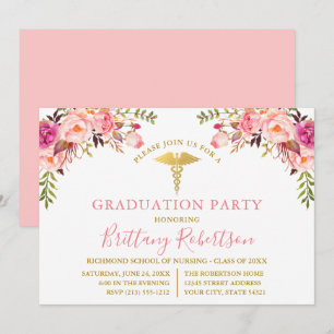 Invitation Watercolor Rose Floral Médicale Graduation Party