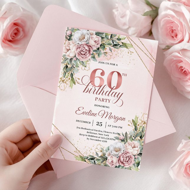 Invitation Watercolor Rose Gold Eucalyptus 60th Birthday  (Watercolor Rose Gold Eucalyptus 60th Birthday Invite)