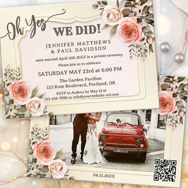 Invitation Watercolor Roses Photo After Wedding (Boho chic after wedding party invitation featuring blush pink watercolor roses and your photo + QR)