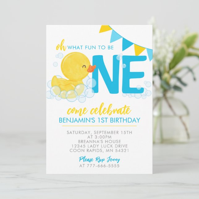 Invitation Watercolor Rubber Duck 1ère fête d'anniversaire (Debout devant)