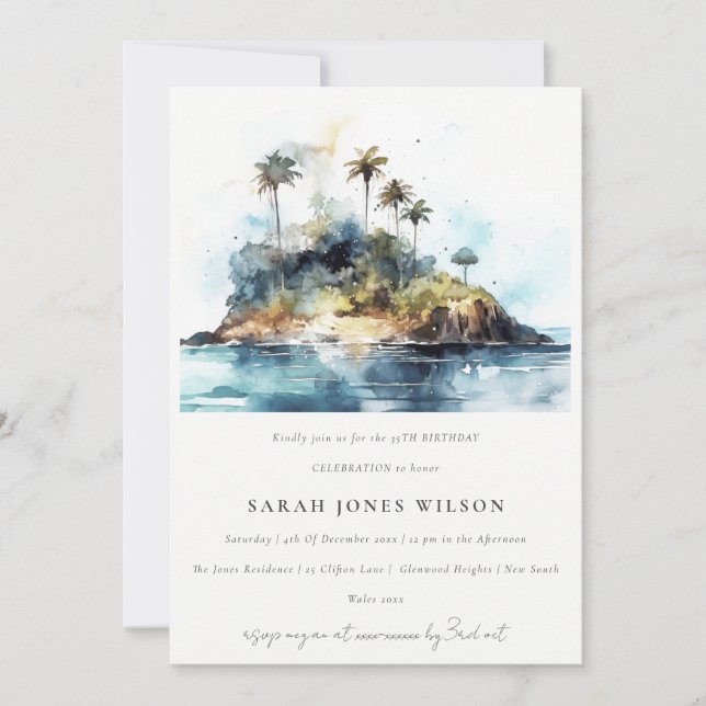 Invitation Watercolor Seascape Palm Tree Island Anniversaire (Devant)
