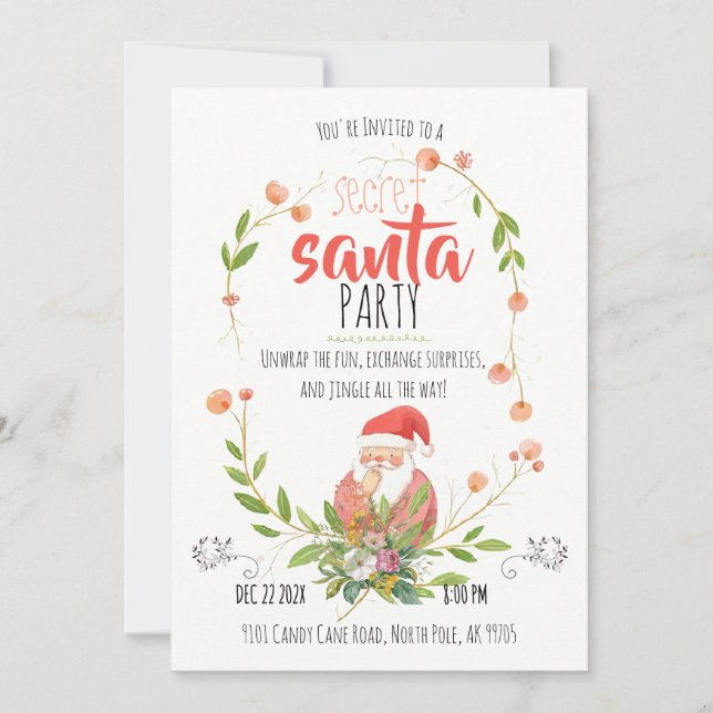 Invitation Watercolor Secret Santa Wreath Christmas  (Devant)