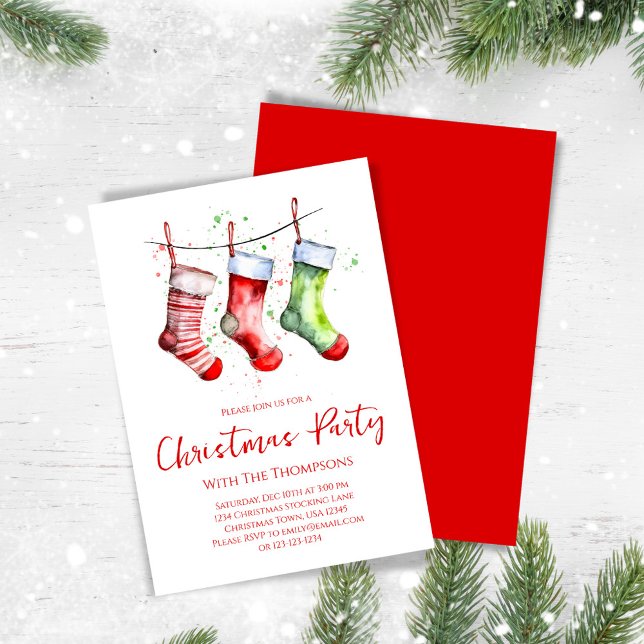 Invitation Watercolor Simple Stockage fête de Noël (Christmas party invitation with whimsical festive stockings. )