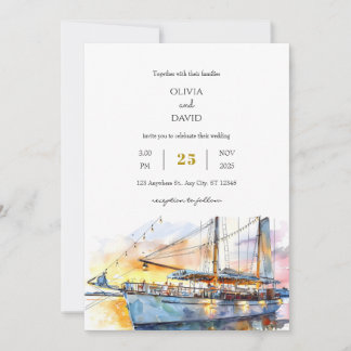 Invitation Watercolor Soft Sunset Sky Sailboat Beach Mariage