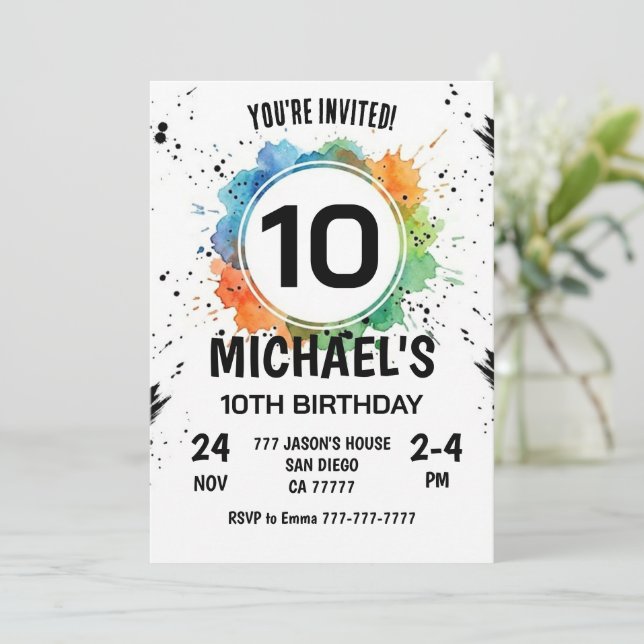 Invitation Watercolor Splash Boy 10th Birthday (Debout devant)