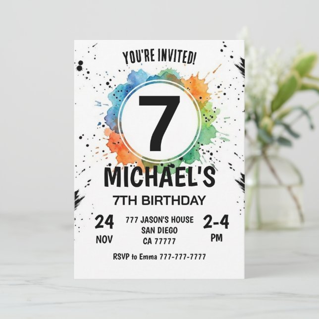 Invitation Watercolor Splash Boy 7th Birthday (Debout devant)