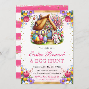 Invitation Watercolor Spring House Rabbits Brunch de Pâques