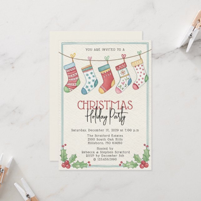 Invitation Watercolor Stockings Fête de Noël (Devant/Arrière en situation)
