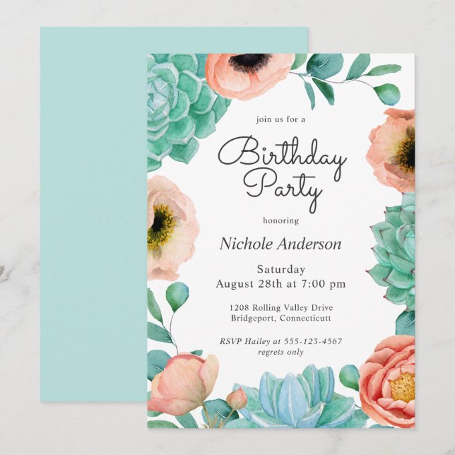 Invitation Watercolor Succulents Floral Anniversaire (Devant / Derrière)